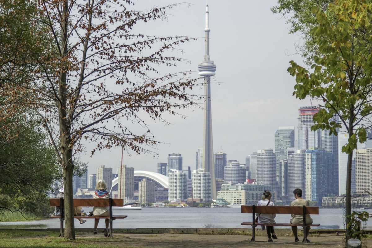 Toronto skyline with the CN Tower lit at golden hour